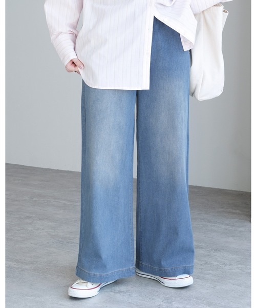 reca（レカ）の「ウエストリブデニムワイドパンツ（デニムパンツ・レディース・ブラック/ライトブルー/ネイビー・M/L/LL）」の2枚目の写真