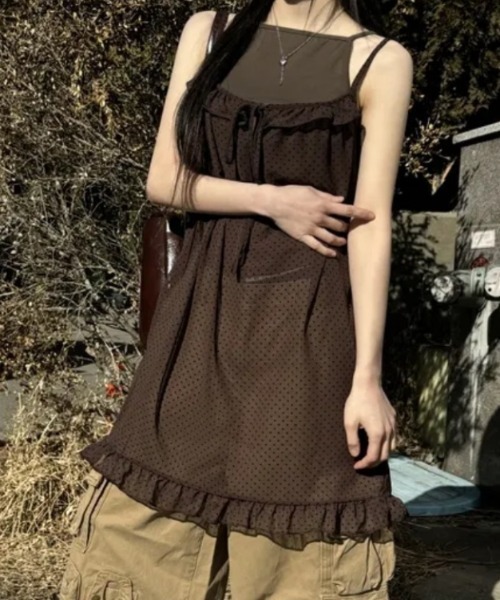 Vipoa（ヴィポア）の「dot chiffon camisole one piece（ワンピース・レディース・グレー/ピンク/ブラウン・FREE）」の3枚目の写真