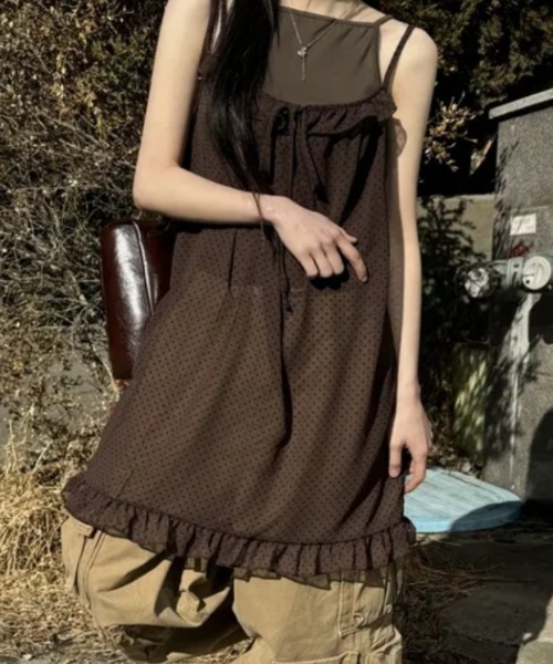 Vipoa（ヴィポア）の「dot chiffon camisole one piece（ワンピース・レディース・グレー/ピンク/ブラウン・FREE）」の4枚目の写真