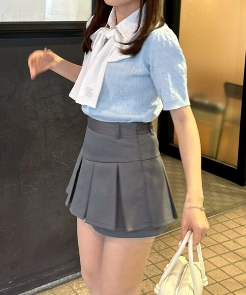 continuer de NICE CLAUP(コンティニューデナイスクラップ)の「リボンタイケーブル半袖ニット(ニット/セーター・レディース・アイボリー/ネイビー/トップグレー/サックスブルー・FREE)」の12枚目の写真