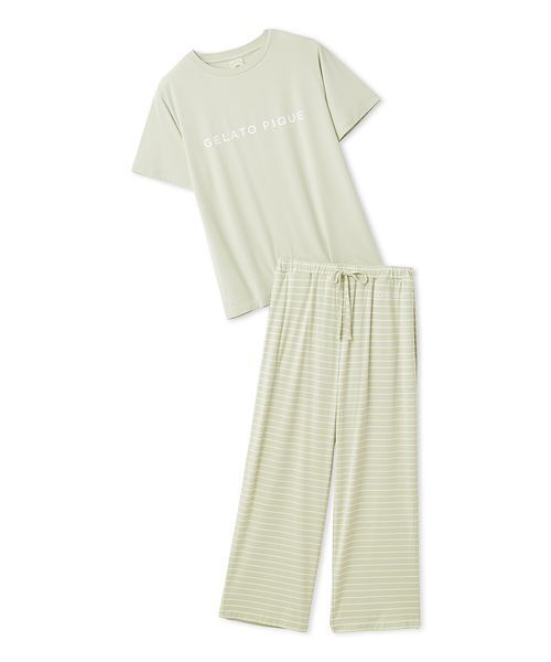 新品♡ジェラートピケ♡レーヨンロゴプルオーバー&ロングパンツ　セットアップ レーヨンロゴTシャツ&ボーダーロングパンツセット（ルームウェア