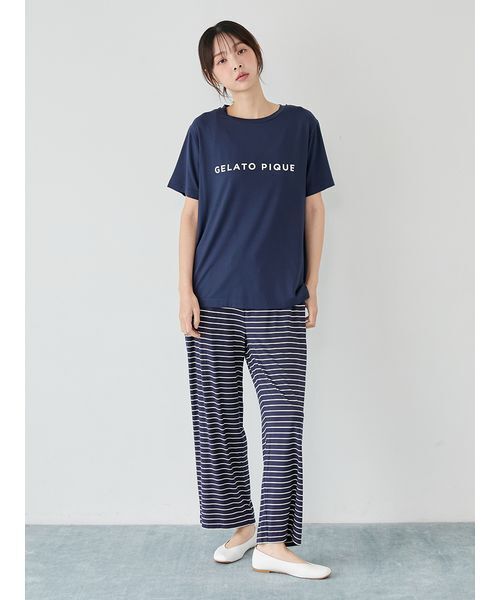 ジェラートピケ　ルージュチェリーレーヨンロゴTシャツ&ロングパンツセット レーヨンロゴTシャツ&ボーダーロングパンツセット（ルームウェア