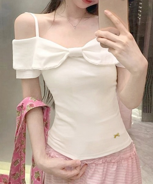 Miniministore(ミニミニストア)の「リボン オフショルダートップスレディース(Tシャツ/カットソー・レディース・オフホワイト/ライトグレー/ピンク・FREE)」の1枚目の写真
