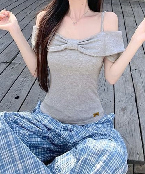 Miniministore(ミニミニストア)の「リボン オフショルダートップスレディース(Tシャツ/カットソー・レディース・オフホワイト/ライトグレー/ピンク・FREE)」の7枚目の写真