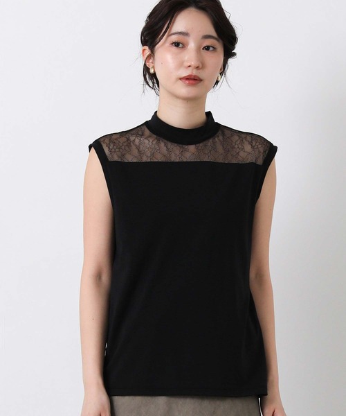 Boutique Ordinary（ブティークオーディナリー）の「レース切替ハイネックノースリカットソー（Tシャツ/カットソー・レディース・ホワイト/ブラック・FREE）」の4枚目の写真