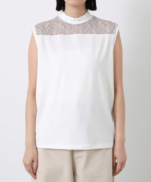 Boutique Ordinary（ブティークオーディナリー）の「レース切替ハイネックノースリカットソー（Tシャツ/カットソー・レディース・ホワイト/ブラック・FREE）」の3枚目の写真