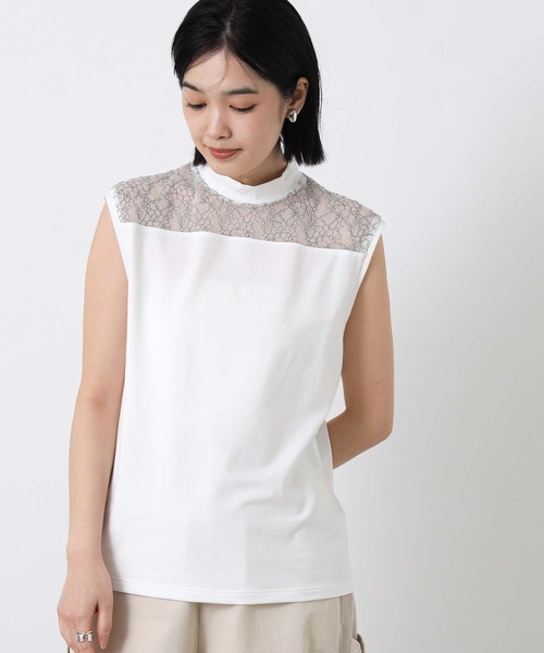 Boutique Ordinary（ブティークオーディナリー）の「レース切替ハイネックノースリカットソー（Tシャツ/カットソー・レディース・ホワイト/ブラック・FREE）」の13枚目の写真