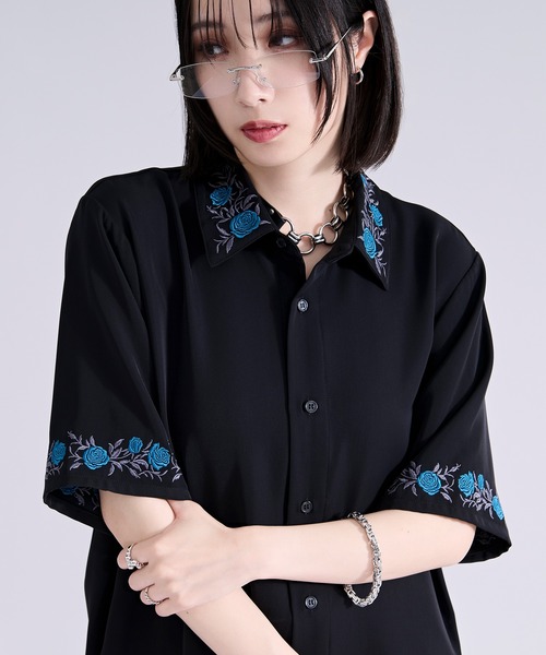 新色追加】ローズ刺繍トロミSSシャツ/機能性付き（シャツ/ブラウス