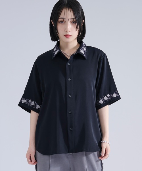 25SS 【emmi×Leo Lionni】刺繍 メッシュシャツ 半袖 黒 ラミーコットンエンブロイダリー シアー刺繍のシンプルシャツ（72
