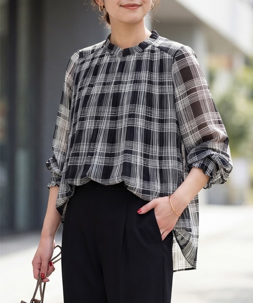 STYLE DELI（スタイルデリ）の「白黒チェック柄プリーツシフォンブラウス（シャツ/ブラウス・レディース・ブラックミックス・FREE）」の8枚目の写真