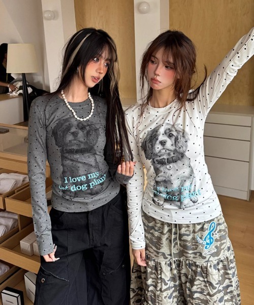 Ritzy(リッツィー)の「Y2K ドット×ドッグプリントロングTシャツ(Tシャツ/カットソー・レディース・グレー/ホワイト・M/L/S)」の15枚目の写真