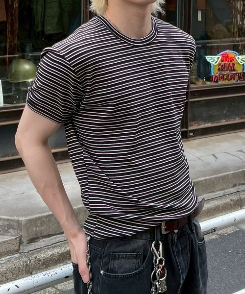Chikashitsu +(チカシツプラス)の「【Chikashitsu +】muscle fit stripe t-shirt / 【チカシツプラス】マッスルフィットストライプ半袖Tシャツ(Tシャツ/カットソー・メンズ・ブラック/杢グレー/ネイビー・ONE SIZE)」の1枚目の写真