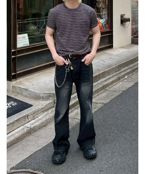 Chikashitsu +(チカシツプラス)の「【Chikashitsu +】muscle fit stripe t-shirt / 【チカシツプラス】マッスルフィットストライプ半袖Tシャツ(Tシャツ/カットソー・メンズ・ブラック/杢グレー/ネイビー・ONE SIZE)」の12枚目の写真