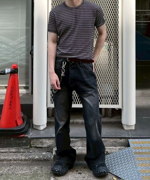 Chikashitsu +(チカシツプラス)の「【Chikashitsu +】muscle fit stripe t-shirt / 【チカシツプラス】マッスルフィットストライプ半袖Tシャツ(Tシャツ/カットソー・メンズ・ブラック/杢グレー/ネイビー・ONE SIZE)」の14枚目の写真