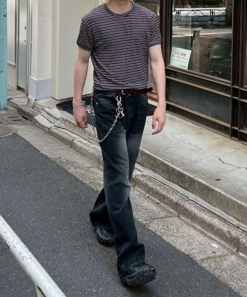 Chikashitsu +(チカシツプラス)の「【Chikashitsu +】muscle fit stripe t-shirt / 【チカシツプラス】マッスルフィットストライプ半袖Tシャツ(Tシャツ/カットソー・メンズ・ブラック/杢グレー/ネイビー・ONE SIZE)」の16枚目の写真