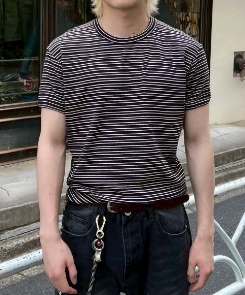 Chikashitsu +(チカシツプラス)の「【Chikashitsu +】muscle fit stripe t-shirt / 【チカシツプラス】マッスルフィットストライプ半袖Tシャツ(Tシャツ/カットソー・メンズ・ブラック/杢グレー/ネイビー・ONE SIZE)」の10枚目の写真