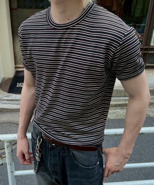 Chikashitsu +(チカシツプラス)の「【Chikashitsu +】muscle fit stripe t-shirt / 【チカシツプラス】マッスルフィットストライプ半袖Tシャツ(Tシャツ/カットソー・メンズ・ブラック/杢グレー/ネイビー・ONE SIZE)」の11枚目の写真