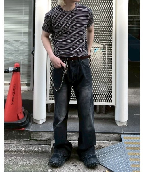 Chikashitsu +(チカシツプラス)の「【Chikashitsu +】muscle fit stripe t-shirt / 【チカシツプラス】マッスルフィットストライプ半袖Tシャツ(Tシャツ/カットソー・メンズ・ブラック/杢グレー/ネイビー・ONE SIZE)」の13枚目の写真