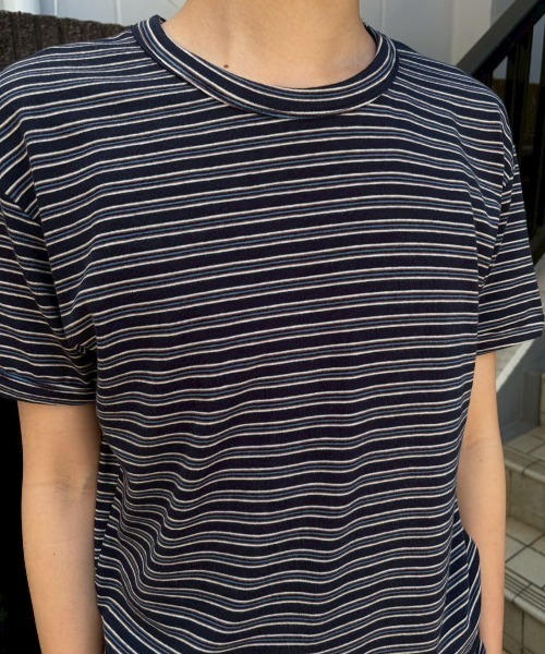 Chikashitsu +(チカシツプラス)の「【Chikashitsu +】muscle fit stripe t-shirt / 【チカシツプラス】マッスルフィットストライプ半袖Tシャツ(Tシャツ/カットソー・メンズ・ブラック/杢グレー/ネイビー・ONE SIZE)」の7枚目の写真