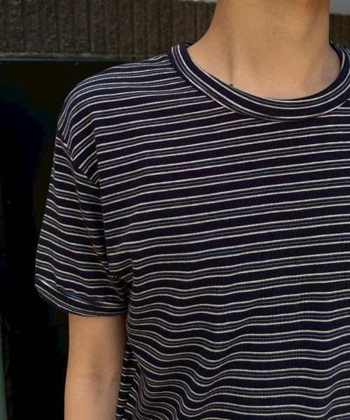 Chikashitsu +(チカシツプラス)の「【Chikashitsu +】muscle fit stripe t-shirt / 【チカシツプラス】マッスルフィットストライプ半袖Tシャツ(Tシャツ/カットソー・メンズ・ブラック/杢グレー/ネイビー・ONE SIZE)」の8枚目の写真