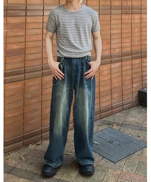 Chikashitsu +(チカシツプラス)の「【Chikashitsu +】muscle fit stripe t-shirt / 【チカシツプラス】マッスルフィットストライプ半袖Tシャツ(Tシャツ/カットソー・メンズ・ブラック/杢グレー/ネイビー・ONE SIZE)」の18枚目の写真