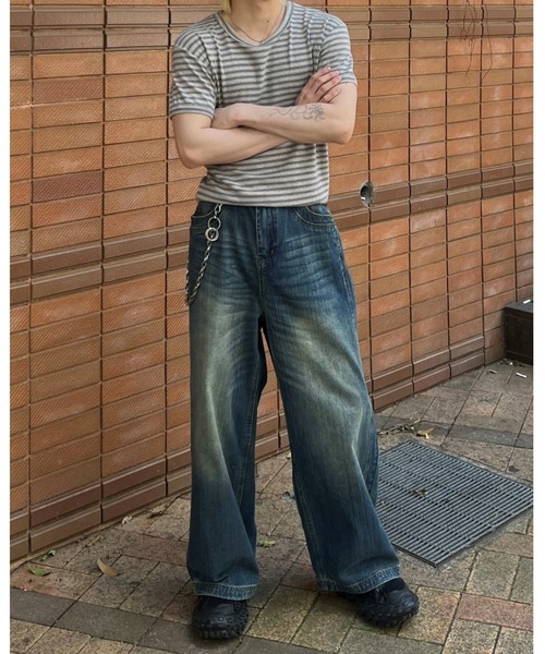 Chikashitsu +(チカシツプラス)の「【Chikashitsu +】muscle fit stripe t-shirt / 【チカシツプラス】マッスルフィットストライプ半袖Tシャツ(Tシャツ/カットソー・メンズ・ブラック/杢グレー/ネイビー・ONE SIZE)」の19枚目の写真