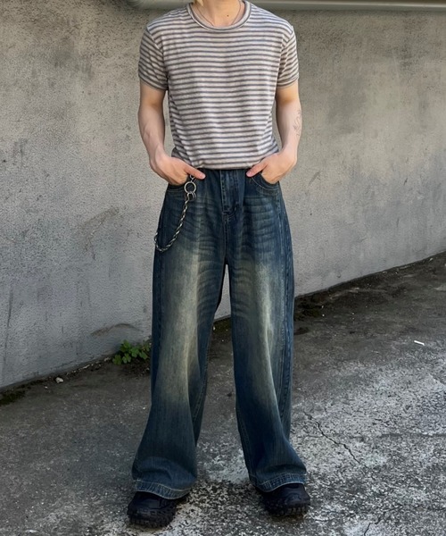 Chikashitsu +(チカシツプラス)の「【Chikashitsu +】muscle fit stripe t-shirt / 【チカシツプラス】マッスルフィットストライプ半袖Tシャツ(Tシャツ/カットソー・メンズ・ブラック/杢グレー/ネイビー・ONE SIZE)」の20枚目の写真