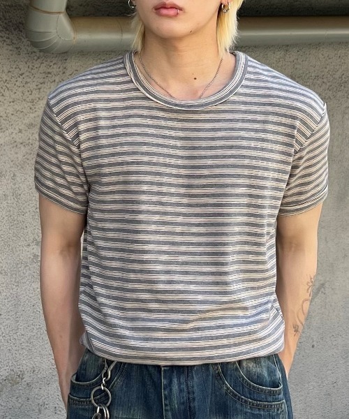 Chikashitsu +(チカシツプラス)の「【Chikashitsu +】muscle fit stripe t-shirt / 【チカシツプラス】マッスルフィットストライプ半袖Tシャツ(Tシャツ/カットソー・メンズ・ブラック/杢グレー/ネイビー・ONE SIZE)」の21枚目の写真
