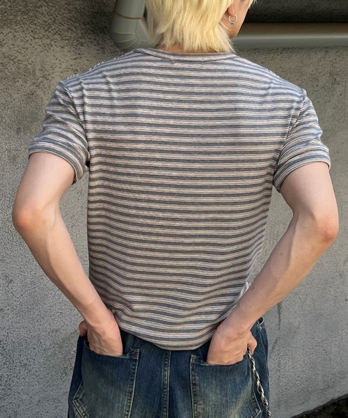 Chikashitsu +(チカシツプラス)の「【Chikashitsu +】muscle fit stripe t-shirt / 【チカシツプラス】マッスルフィットストライプ半袖Tシャツ(Tシャツ/カットソー・メンズ・ブラック/杢グレー/ネイビー・ONE SIZE)」の22枚目の写真