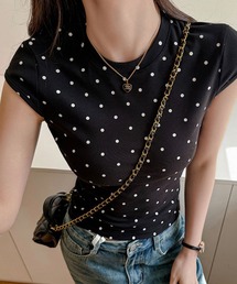 ドット柄プリントフレンチスリーブTシャツ