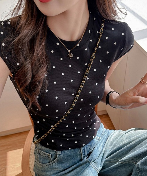 GLAMOROUS JANE(グラマラスジェーン)の「ドット柄プリントフレンチスリーブTシャツ(Tシャツ/カットソー・レディース・グレー/ブラック/ホワイト・FREE)」の8枚目の写真