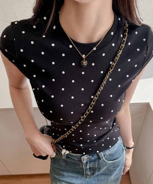 GLAMOROUS JANE(グラマラスジェーン)の「ドット柄プリントフレンチスリーブTシャツ(Tシャツ/カットソー・レディース・グレー/ブラック/ホワイト・FREE)」の9枚目の写真