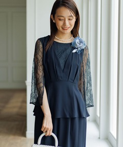 レースブラウス×ジレ レイヤード風パンツドレス/パーティードレス/結婚式/パーティー/お呼ばれ