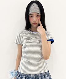 TYPESERVICE（タイプサービス）の「Cry Eyes Stripe Short Sleeve Top [Gray]（Tシャツ/カットソー）」