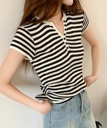 ボーダー ヘンリーネックコンパクトTシャツ