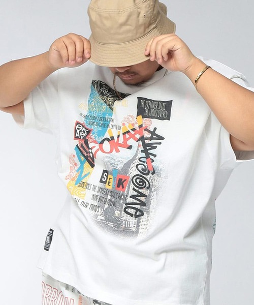 Tシャツ 半袖 メンズ 大きいサイズ フォト×ロゴ ギミック クルーネック