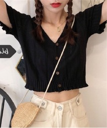 ショート丈かぎ編みニットパフスリーブ半袖カーディガン