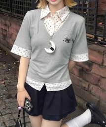 ドット柄ブラウスドッキング半袖トップス