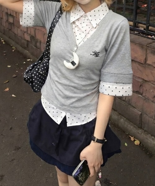 core core（コアコア）の「ドット柄ブラウスドッキング半袖トップス（Tシャツ/カットソー・レディース・ライトグレー・L/M）」の2枚目の写真