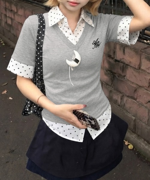 core core（コアコア）の「ドット柄ブラウスドッキング半袖トップス（Tシャツ/カットソー・レディース・ライトグレー・L/M）」の4枚目の写真