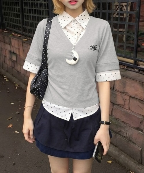 core core（コアコア）の「ドット柄ブラウスドッキング半袖トップス（Tシャツ/カットソー・レディース・ライトグレー・L/M）」の5枚目の写真