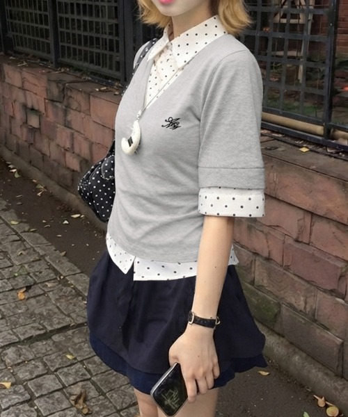 core core（コアコア）の「ドット柄ブラウスドッキング半袖トップス（Tシャツ/カットソー・レディース・ライトグレー・L/M）」の6枚目の写真