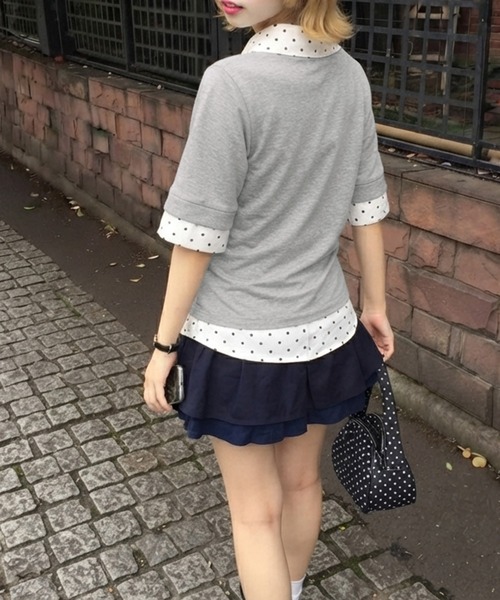 core core（コアコア）の「ドット柄ブラウスドッキング半袖トップス（Tシャツ/カットソー・レディース・ライトグレー・L/M）」の7枚目の写真
