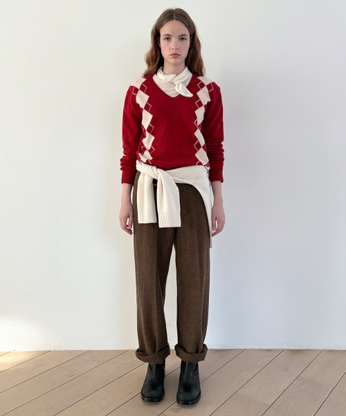 SINOON(シヌーン)の「SN Twin Argyle V-neck Knit (Red)(ニット/セーター・レディース・レッド・FREE)」の3枚目の写真