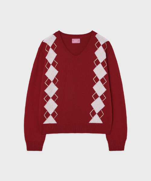 SINOON(シヌーン)の「SN Twin Argyle V-neck Knit (Red)(ニット/セーター・レディース・レッド・FREE)」の4枚目の写真