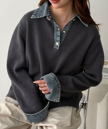 デニム切替フェイクレイヤードポロニット
