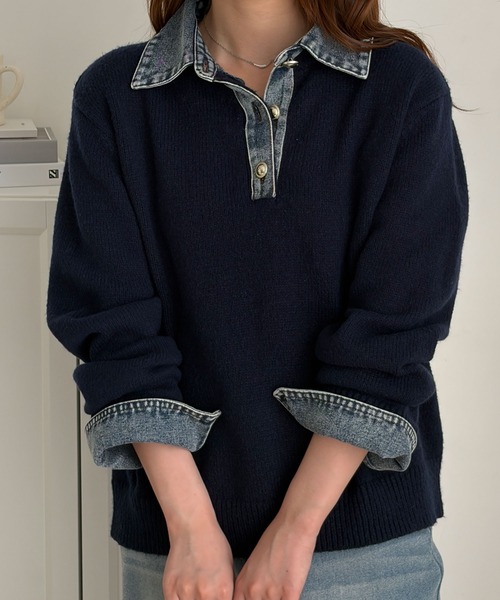 GeeRA（ジーラ）の「デニム切替フェイクレイヤードポロニット（ニット/セーター・レディース・チャコール/ネイビー・X-LARGE/LARGE/MEDIUM）」の3枚目の写真