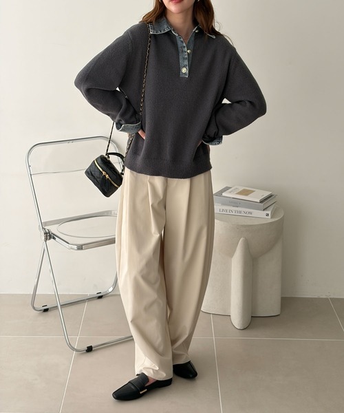 GeeRA（ジーラ）の「デニム切替フェイクレイヤードポロニット（ニット/セーター・レディース・チャコール/ネイビー・X-LARGE/LARGE/MEDIUM）」の12枚目の写真