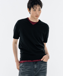サイドスリットVネックハーフニットブラック