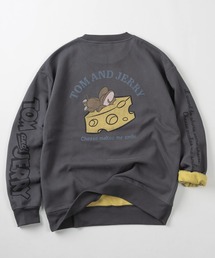 【71】【TOM&JERRY/トムとジェリー】ジェリー チーズうずくまり/振り返りタフィーたち 裏配色 クルーネック スウェット/トレーナー/オーバーサイズ/ユニセックス/レディース/メンズ
